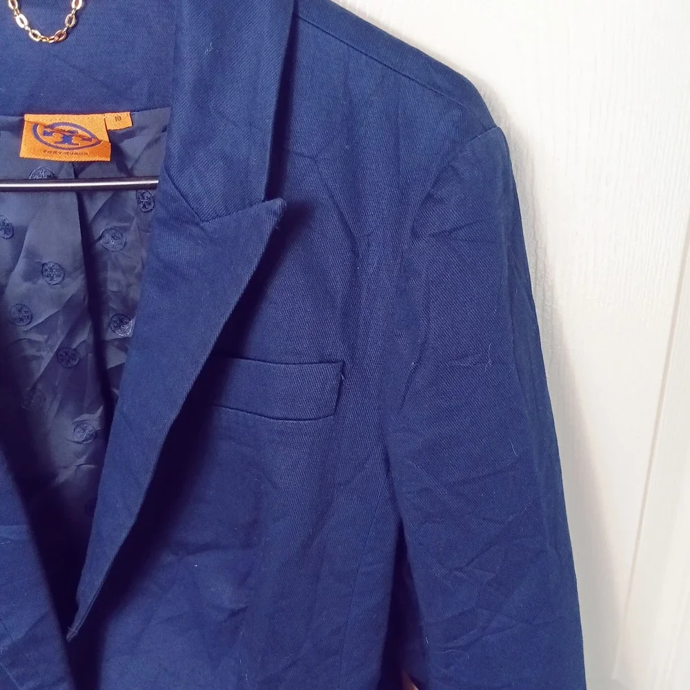 Tory Burch Blazer Women 10 Navy Blue Excellent Single Button Gold Logo Hardware